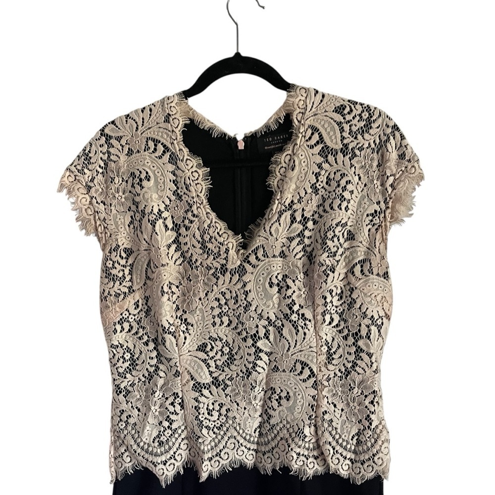 Ted Baker Tan and Brown Sheath Dress V-Neck Flutter Cap Sleeves - Picture 4 of 8